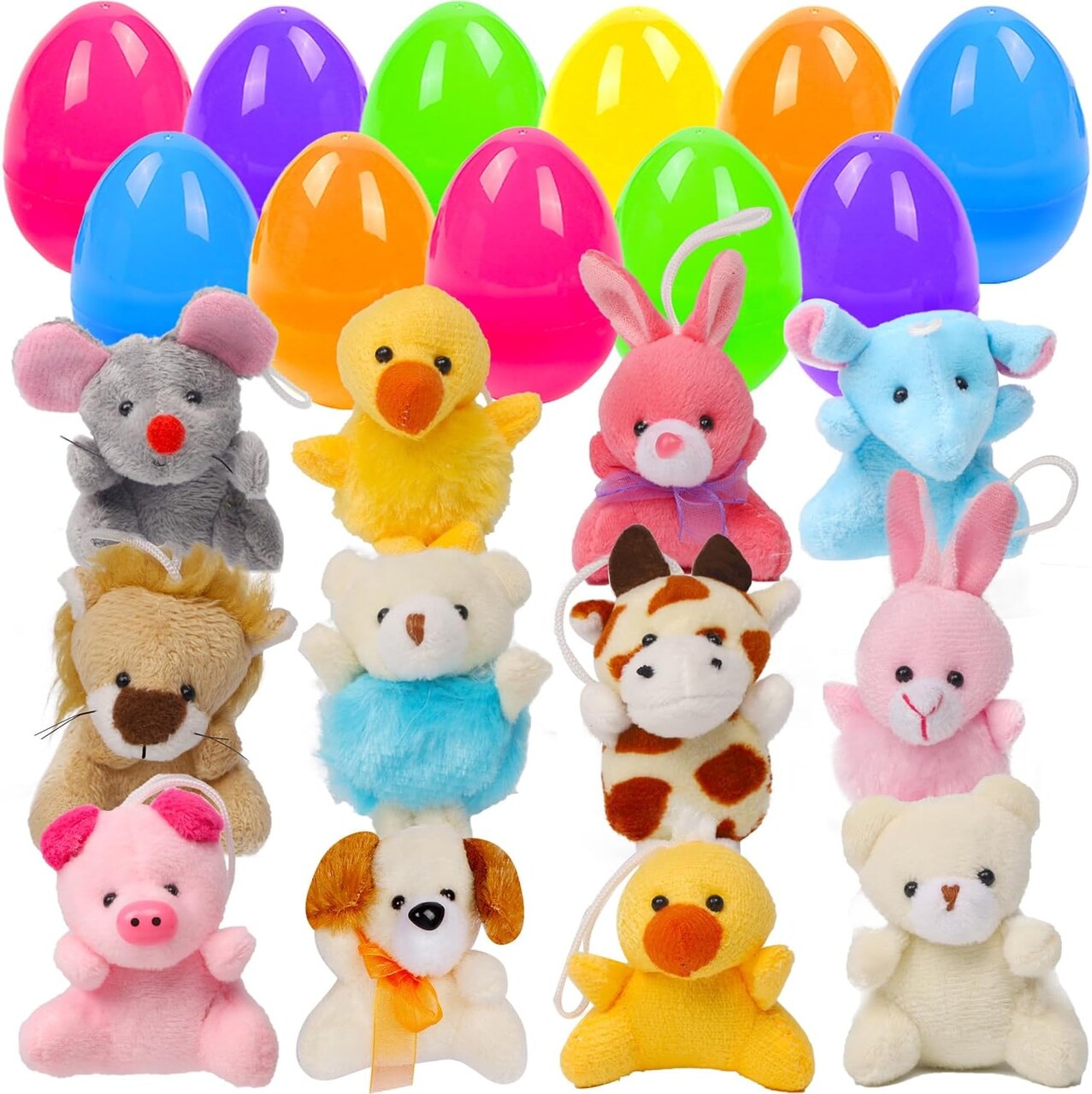 12 Pack Easter Eggs Filled with Mini Animal Plush Toy Set, Cute Small Stuffed Basket Animal Keychain Set